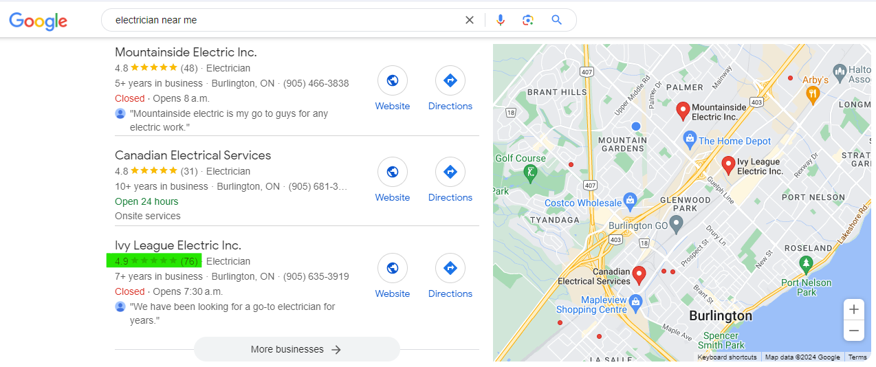 A screenshot of a google map showing the business details with google review