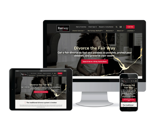 A computer , tablet , and phone are displaying the Fairway Divoce Solutions website by Mawazo Marketing