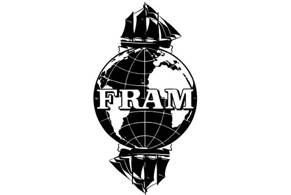 A fram logo with a sailboat on top of a globe