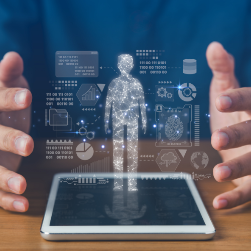 Hands cupping a digital human form above a tablet, surrounded by data visualizations and a fingerprint icon.
