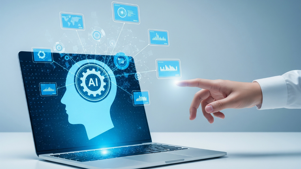 Person's hand pointing at a laptop displaying an AI brain icon and data visualizations.