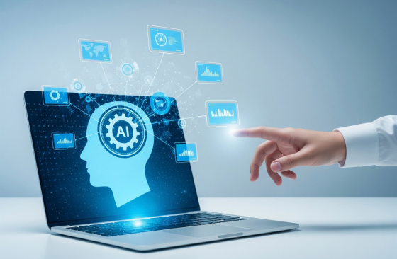 Hand touching laptop screen displaying AI brain symbol and data icons.
