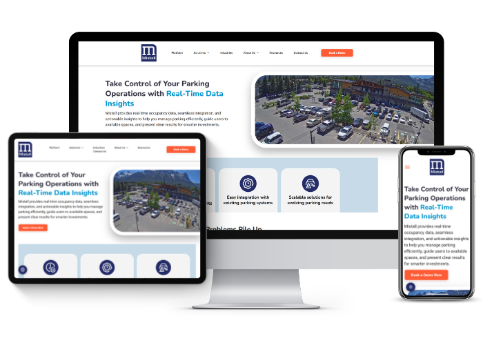 Responsive parking management website shown on desktop, laptop, tablet, and phone screens