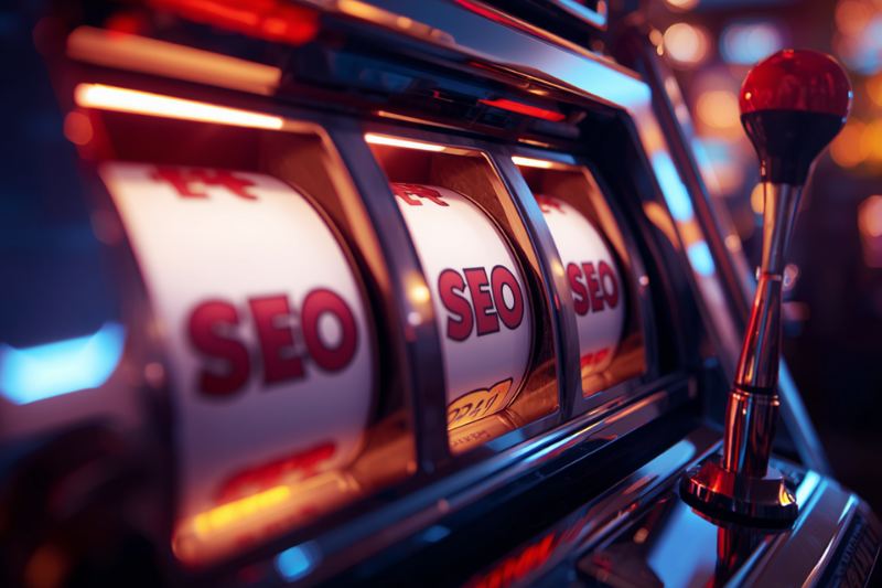 Slot machine reels with repeated “SEO” text in a neon-lit casino setting