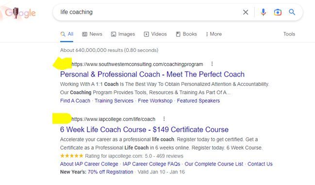 a google search for life coaching