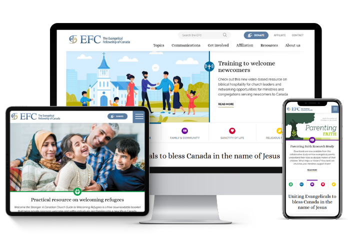 Webpage design across multiple devices, including tablet, computer monitor, and smartphone.