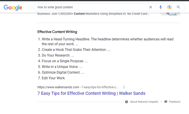 a google search for how to write good content