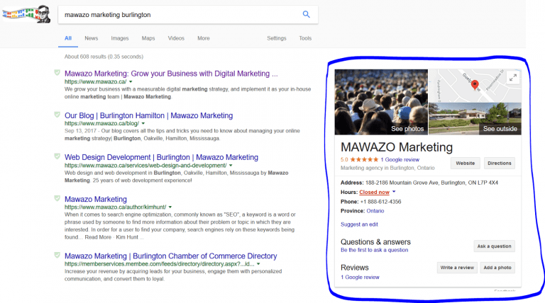 a google search for mawazo marketing in burlington ontario