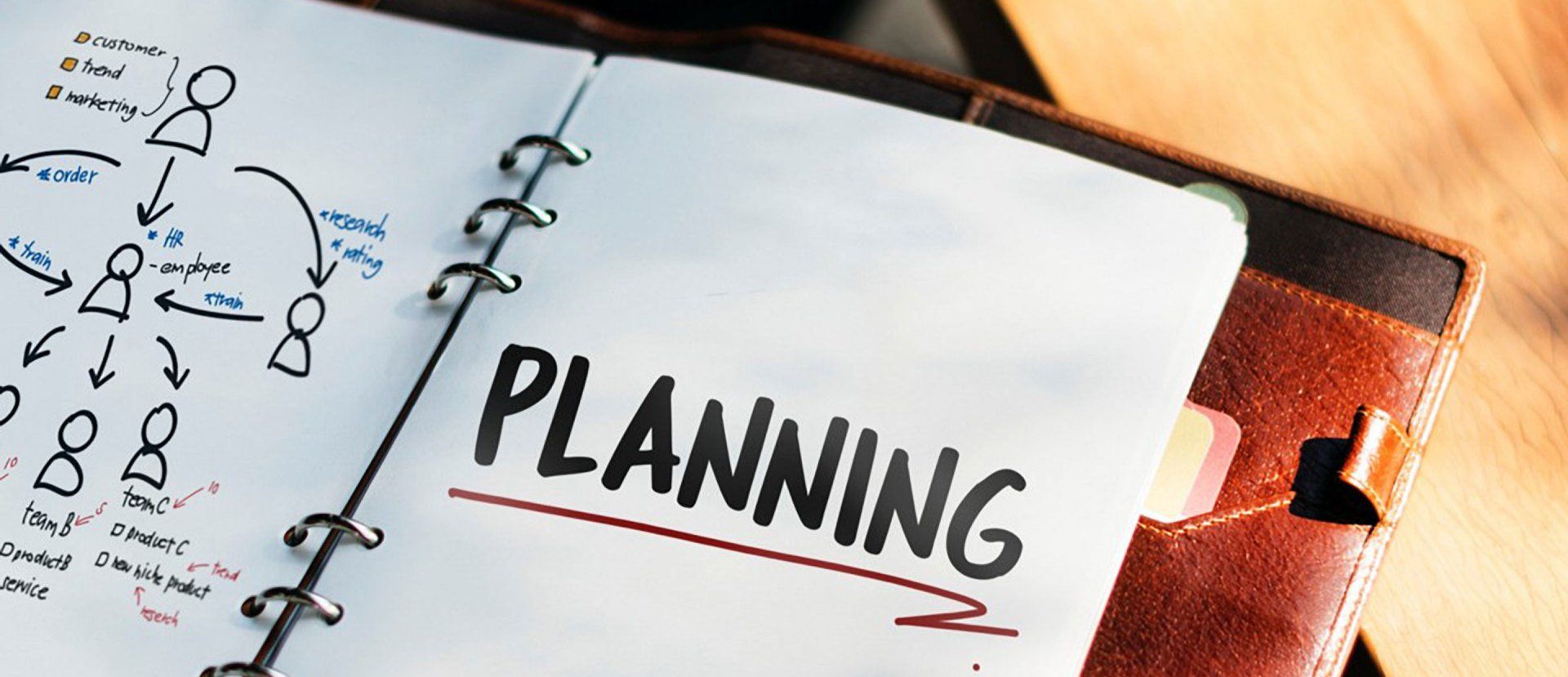 a notebook with an illustration of the word Planning