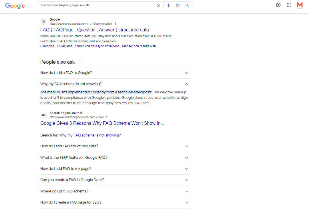 Google search results shows frequently asked questions before clicking to source website