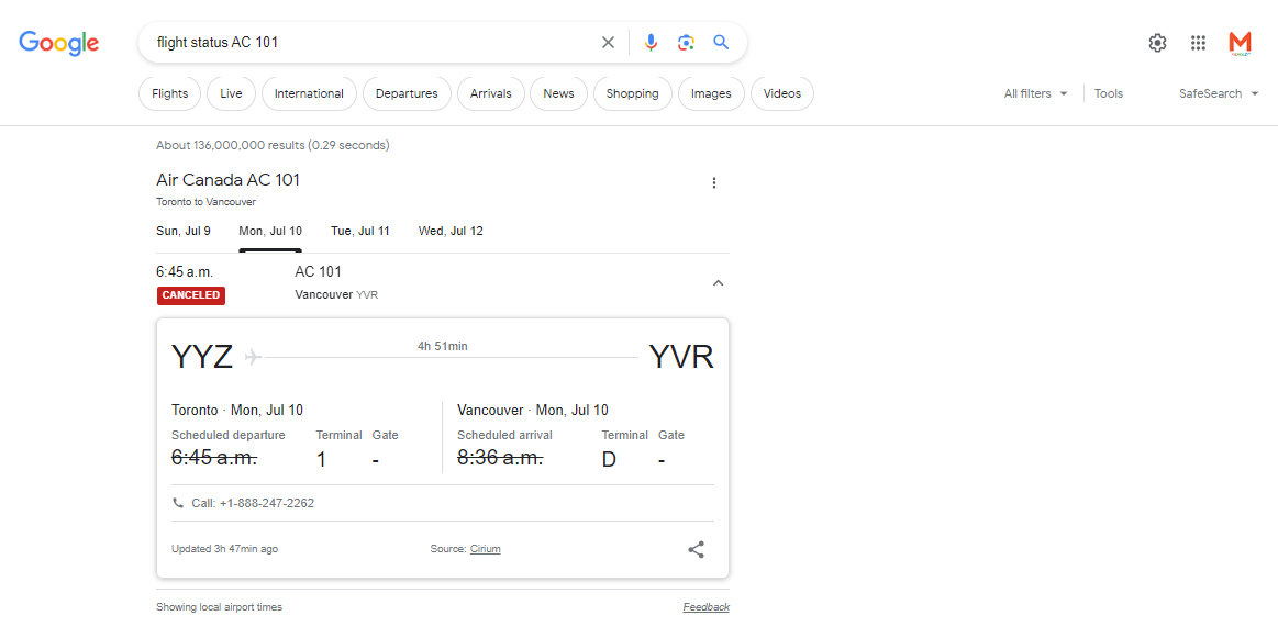 Google search results show flight details before clicking to source website