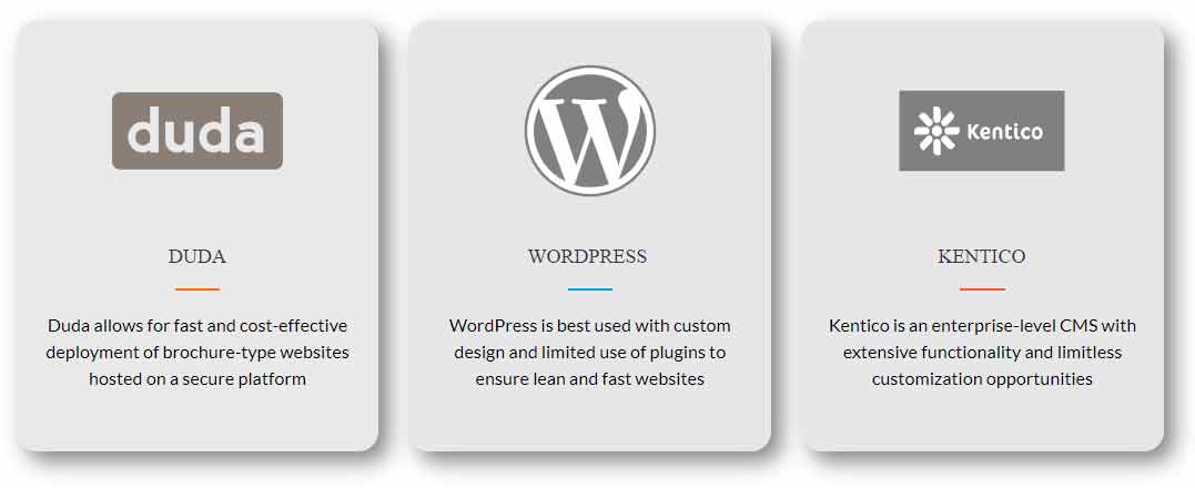 Web platforms used by Mawazo which are Duda Wordpress and Kentico