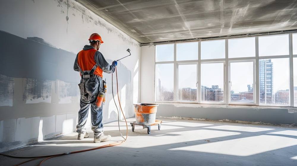 a man is spraying paint on a wall in an empty room