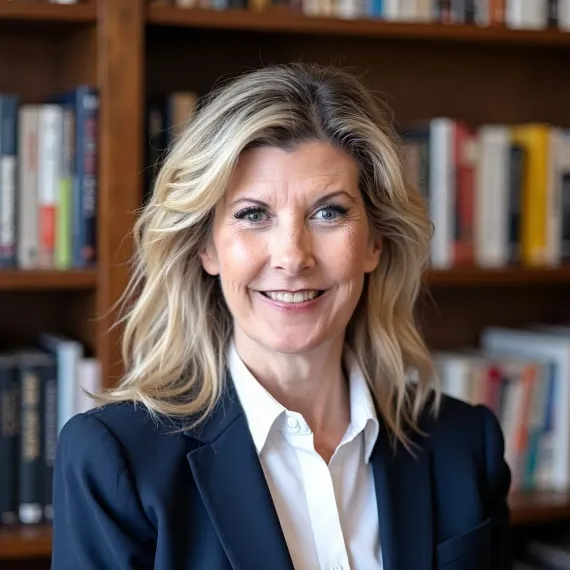 Blonde woman in blazer and white shirt smiles in front of a bookshelf.
