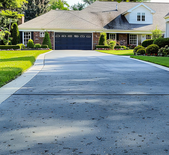 Driveway leading to a brick house with a garage and green lawn.