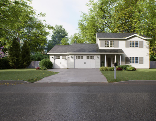 White two-story house with gray roof and shutters. Three-car garage, green lawn, trees.