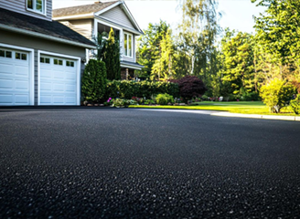 Black asphalt driveway leading to a two-story house with a two-car garage, surrounded by greenery.