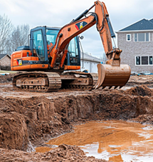 Orange excavator digging on a construction site, near a partially built house, cloudy day.