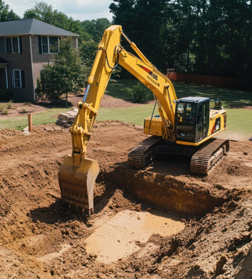 Yellow excavator digs in a brown dirt pit next to a house under a sunny sky.