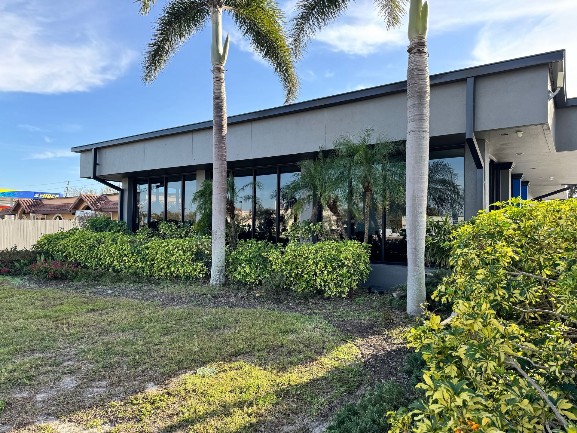 A large building with a lot of windows and palm trees in front of it.