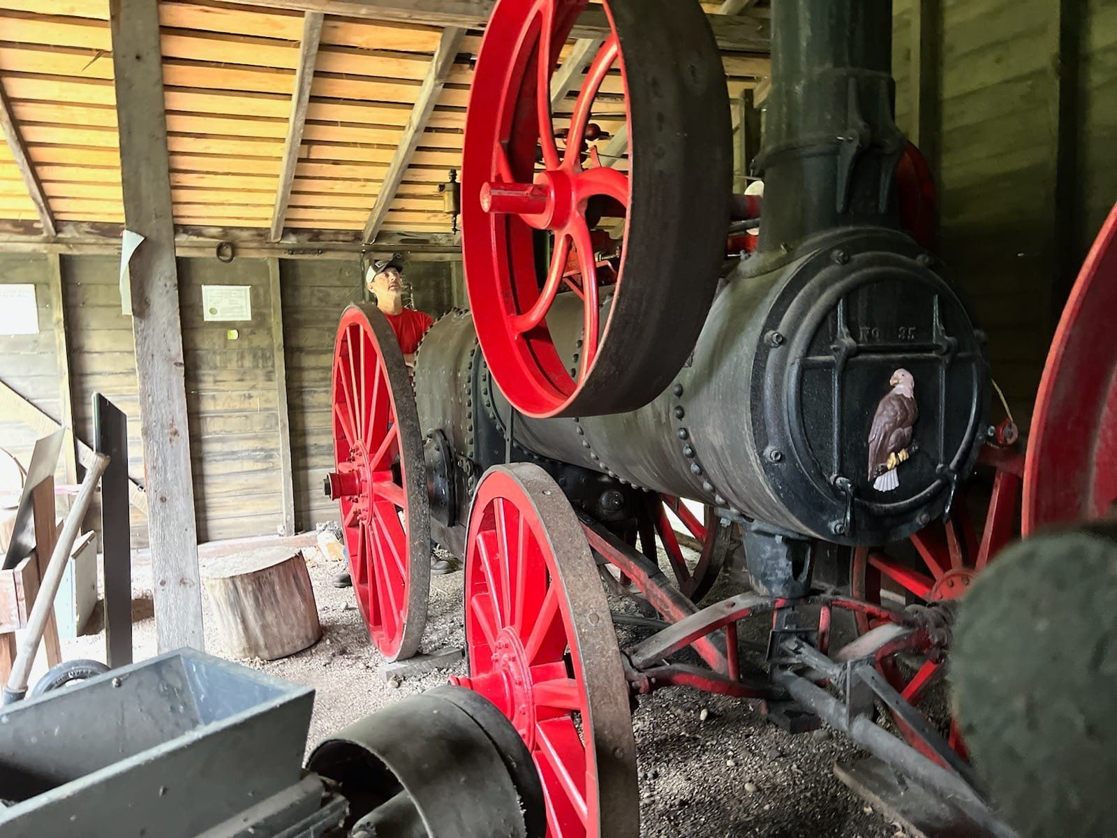 Steam engine with red wheels inside a wooden shed.