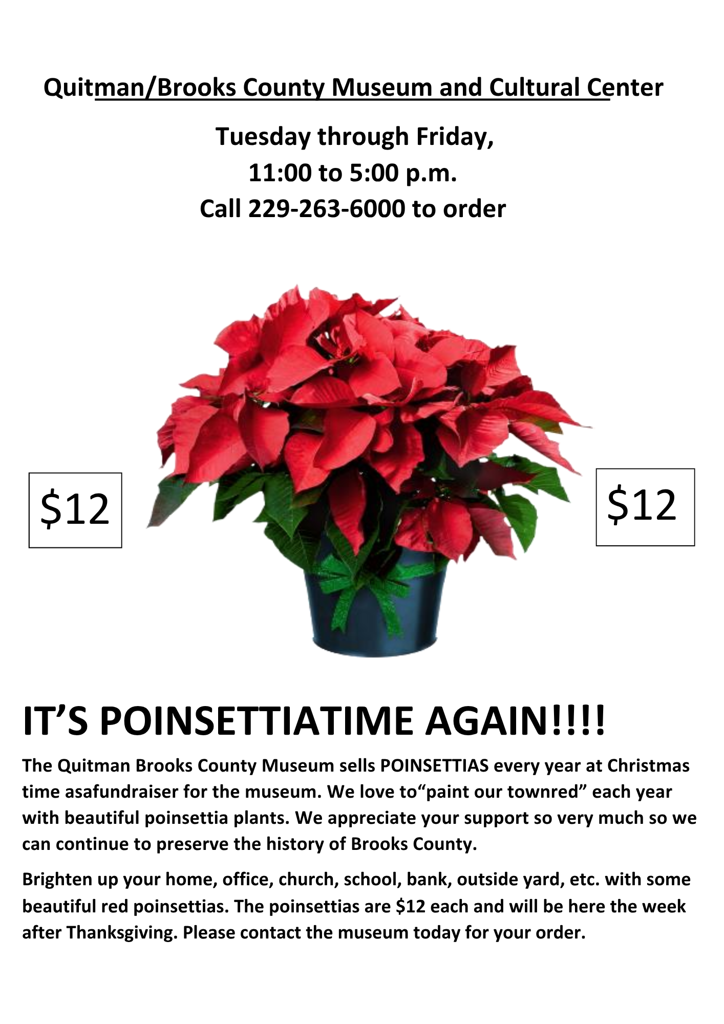 Flyer: Red poinsettia plant for sale at Quitman/Brooks County Museum for $12.