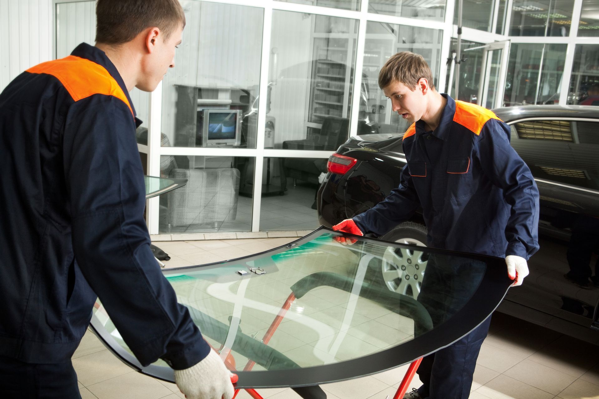 Two men are working on a windshield in a garage.