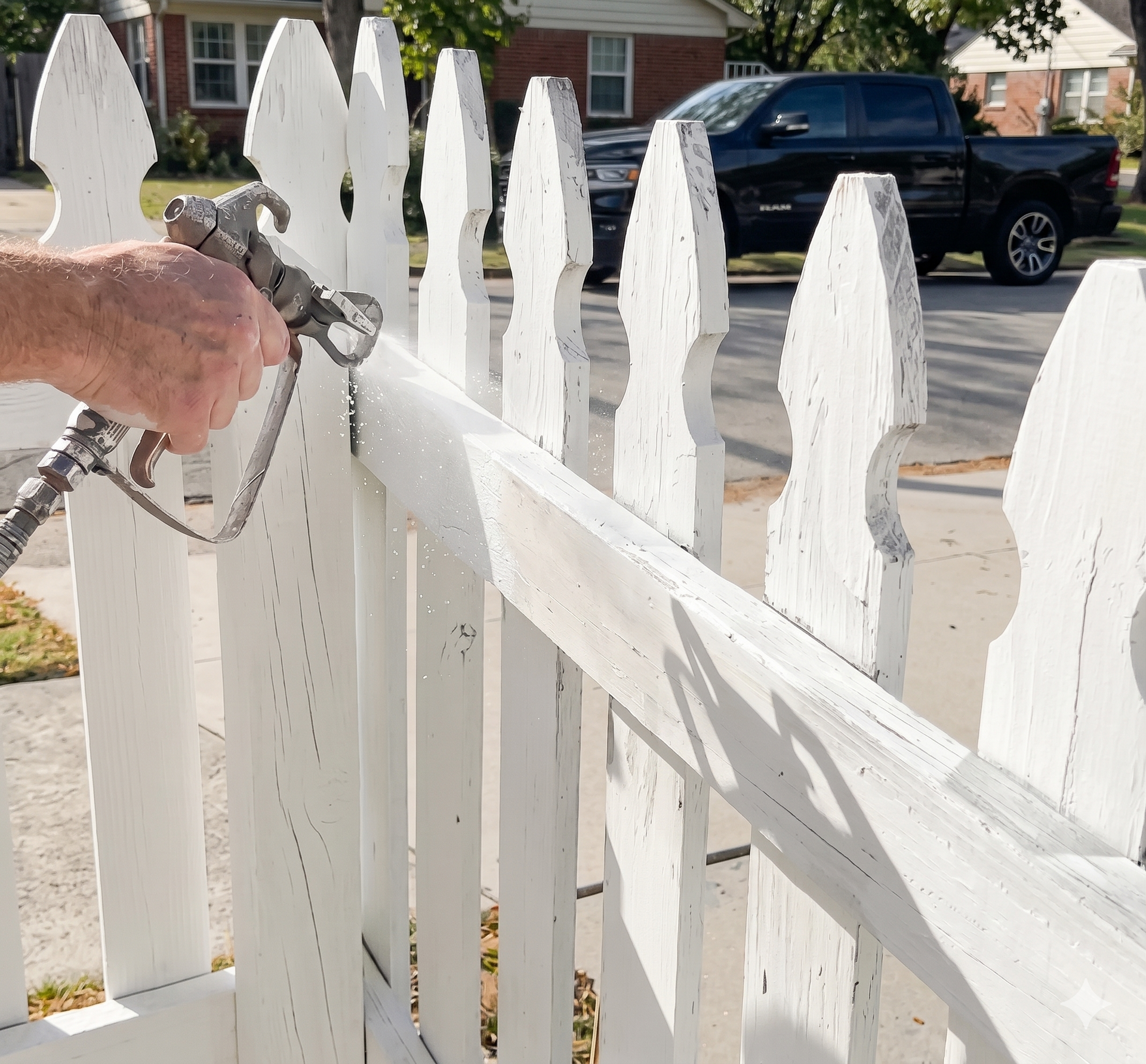 Hand spraying white paint on a white picket fence in a suburban yard