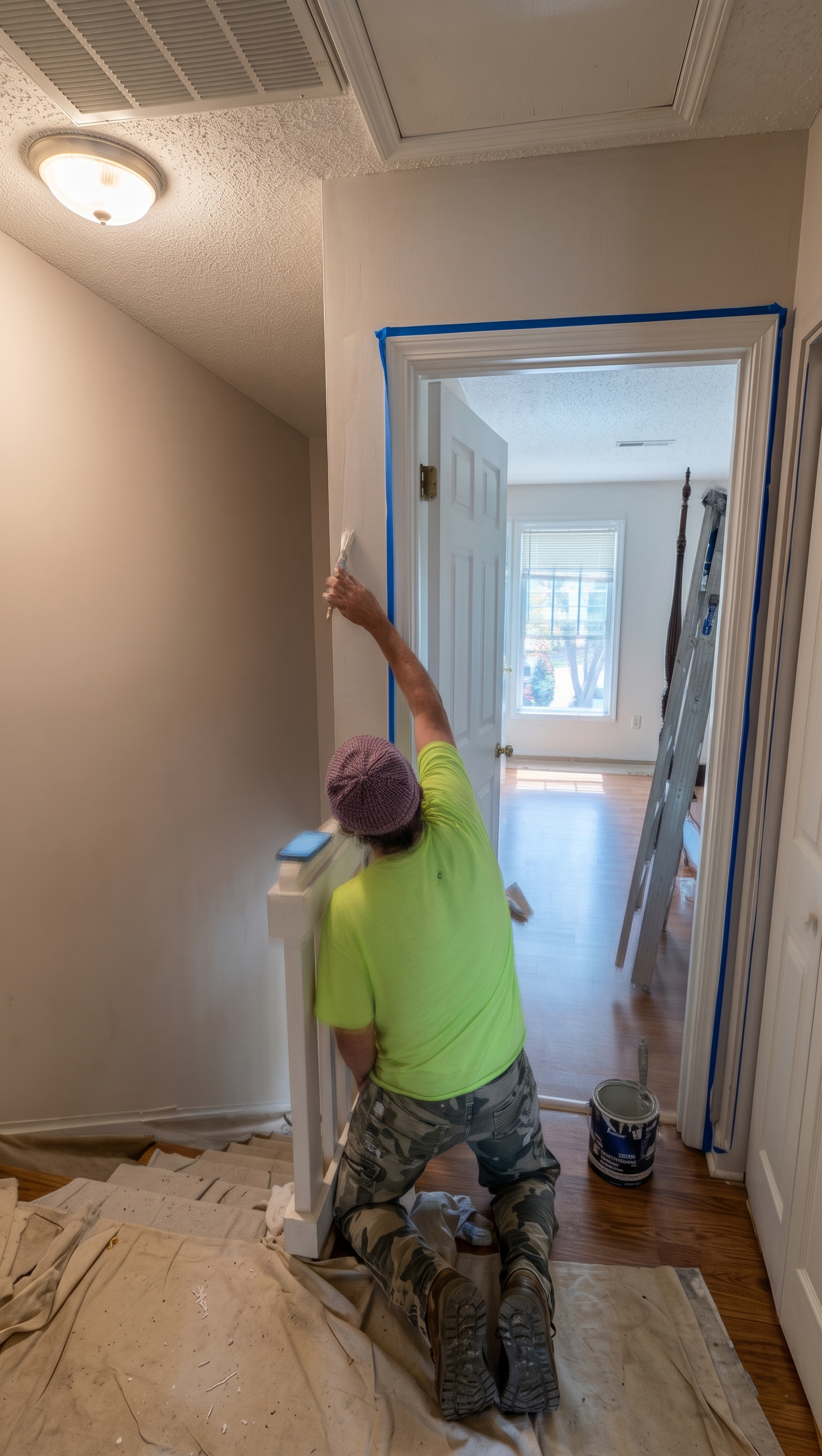 Person painting a hallway doorway trim blue in a home under renovation