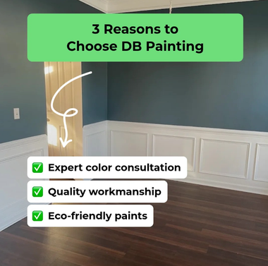DB Painting promo in a living room, listing expert consultation, quality workmanship, and eco-friendly paints.