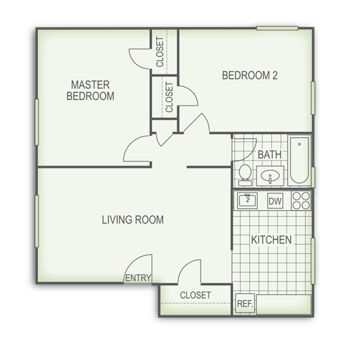 A floor plan of a house with two bedrooms and a bathroom.