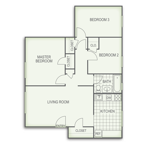 A floor plan of a house with two bedrooms and a living room.