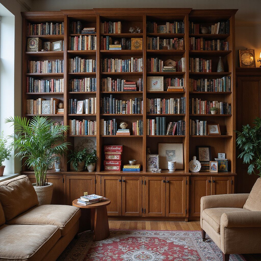 Een houten boekenkast vol boeken, geflankeerd door stoelen en een bank in een gezellige kamer.