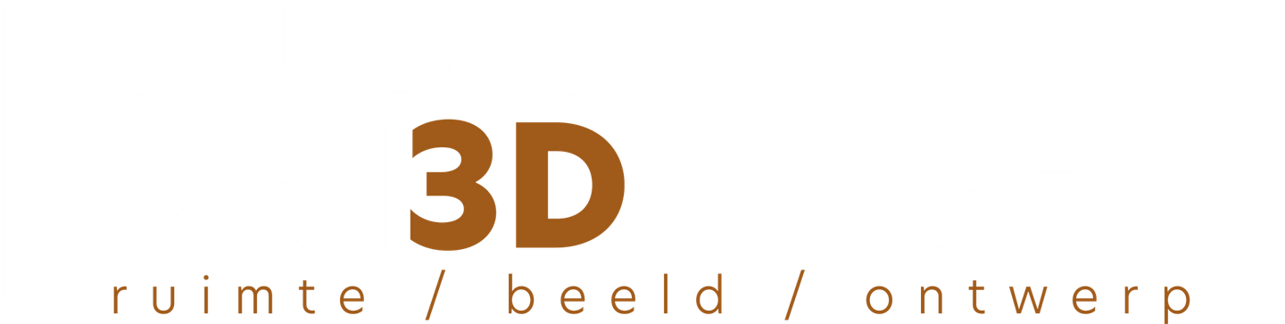 Het logo van Studio DRI3DUBBEL bestaat uit zwarte en bruine tekst op een witte achtergrond, met een haakje aan de linkerkant.