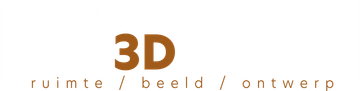 Het logo van Studio DRI3DUBBEL bestaat uit zwarte en bruine tekst op een witte achtergrond, met een haakje aan de linkerkant.