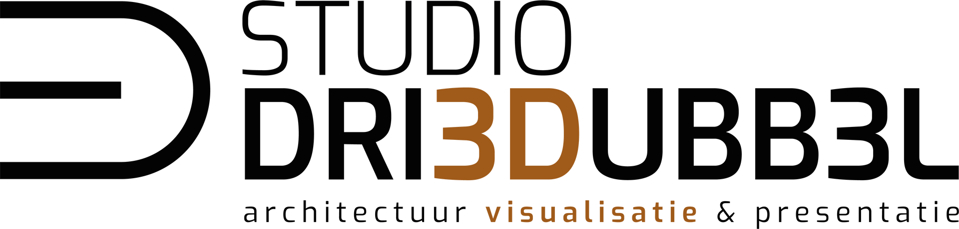 Logo voor Studio Dri3Dubb3l, een interieurarchitectenbureau. De tekst is zwart en bruin.