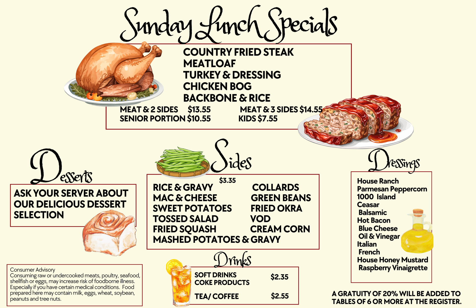 Sunday lunch specials menu: featuring country fried steak, meatloaf, sides, drinks, and desserts.