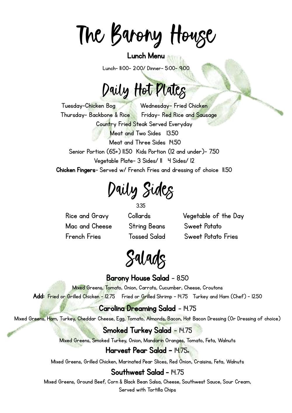 Our Daily Menu Moncks Corner, SC The Barony House