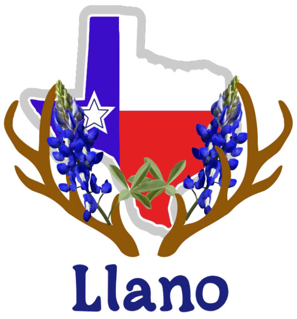Texas flag outline with antlers and bluebonnets,