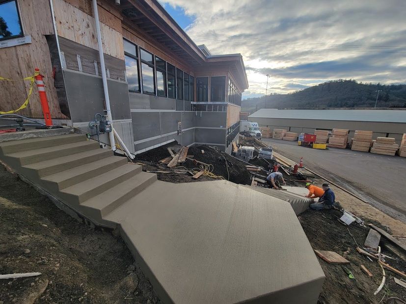 A concrete walkway leading to the front of a house.