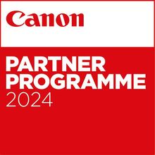 A red and white logo that says canon partner programme 2024