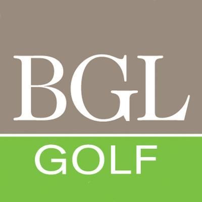 A logo for bgl golf on a green and brown background