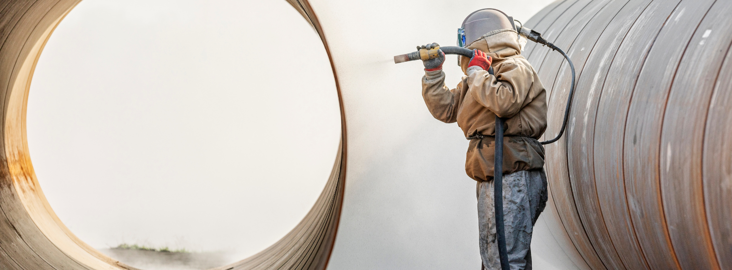 A remediation worker is dry ice blasting a large structure. 