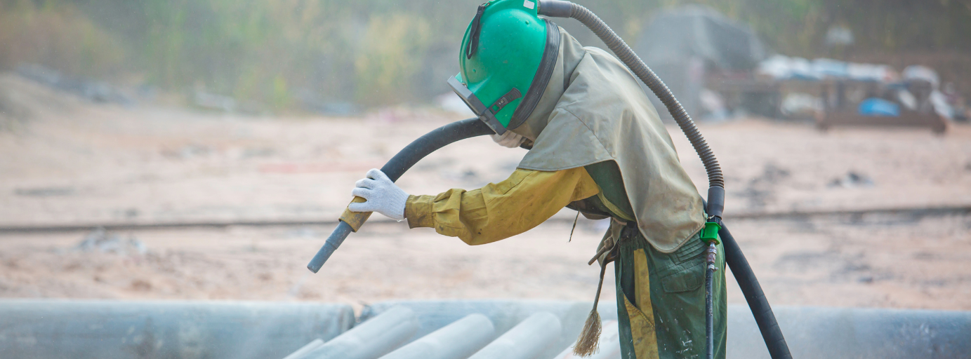 A remediation worker is dry ice blasting a pipe