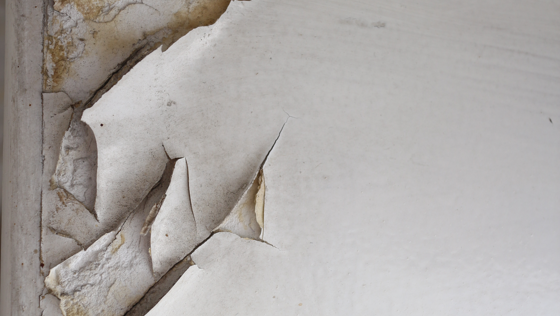 A closeup of peeling white lead paint on a wall