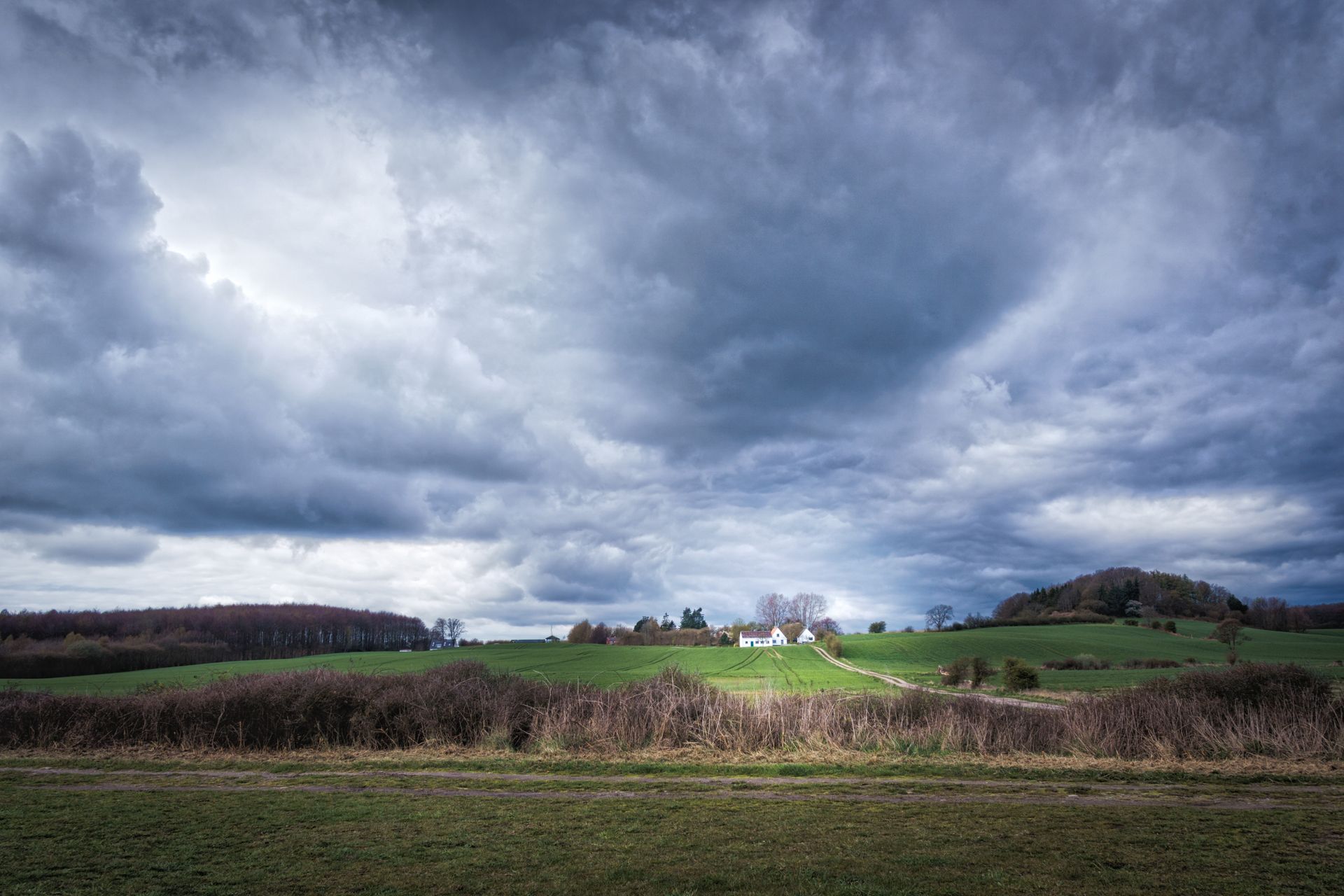 Overcast sky over a rural landscape with a house on a hill and low foliage in the foreground.