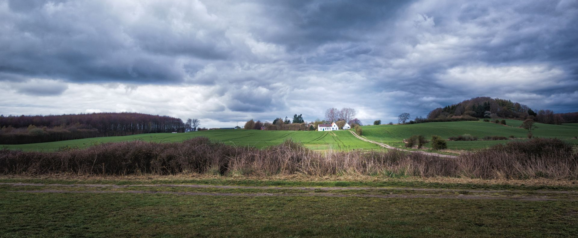 A field under a cloudy sky. Green grass, some trees, and a house on a hill in the distance.