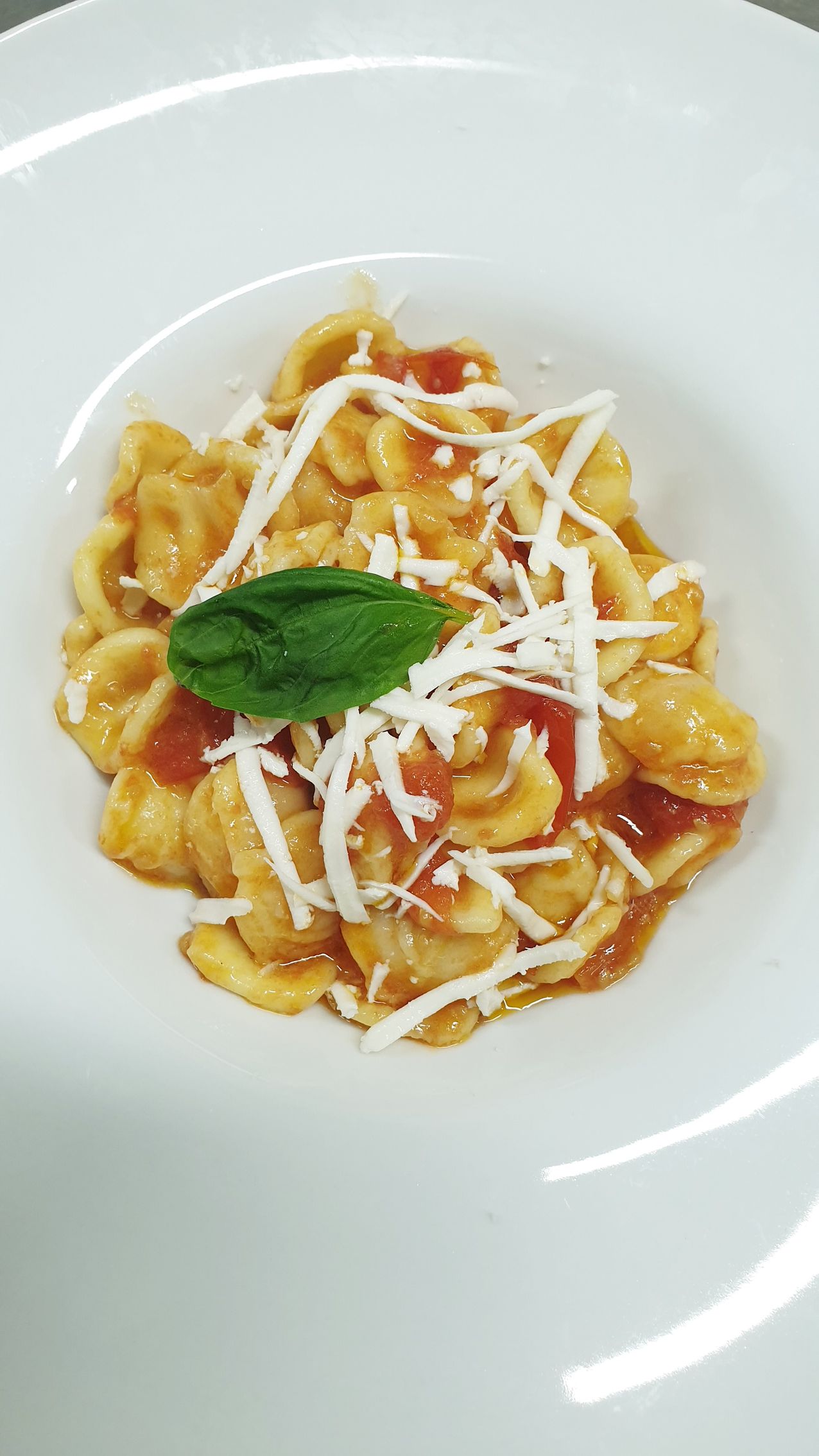 Orecchiette con salsa di pomodoro, formaggio grattugiato e foglia di basilico in una ciotola bianca.
