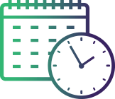 An icon of a calendar and a clock on a white background.