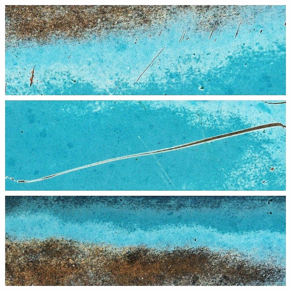 A collage of three pictures of a blue and brown surface.